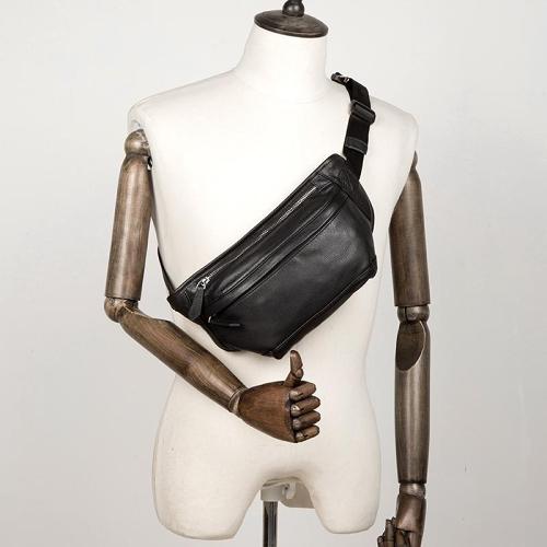 Cool Black Leather Fanny Pack Mens Waist Bag Hip Pack Black Belt Bags Bumbag for Men