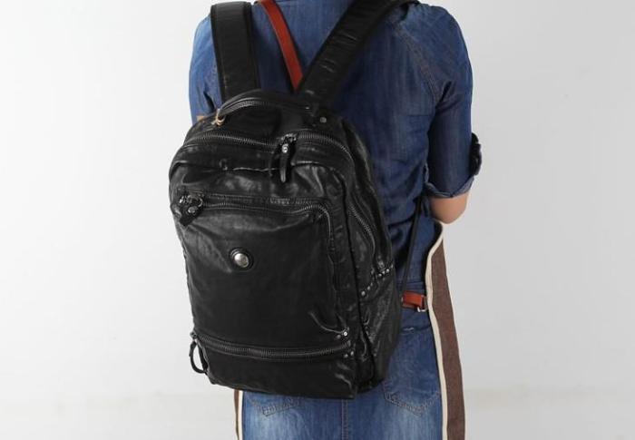 Handmade Leather Mens Cool Backpack Sling Bag Large Black Travel Bag Hiking Bag for men