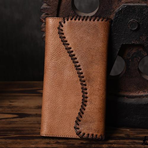 Handmade Leather Mens Cool Long Leather Wallet Trifold Clutch Wallet for Men
