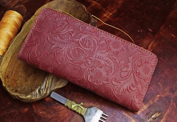 Handmade Leather Floral Mens Cool Travel Long Wallet Card Holder Card Slim Clutch Wallets for Men