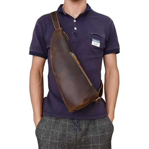 Handmade Leather Mens Cool Chest Bag Sling Bag Crossbody Bag Travel Bag Hiking Bag for men