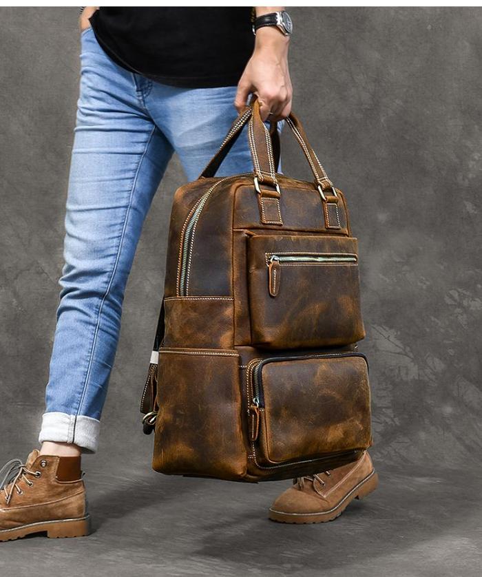 Vintage Brown Leather Mens 16 Laptop Backpack Hiking Backpack Travel Backpack College Bag for Men