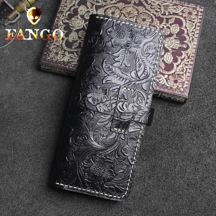 Handmade Leather Floral Mens Cool Travel Long Wallet Card Holder Card Slim Clutch Wallets for Men