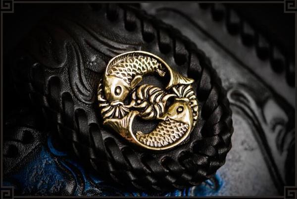 Handmade Leather Tooled Carp Mens Chain Biker Wallet Cool Leather Wallet Long Phone Wallets for Men