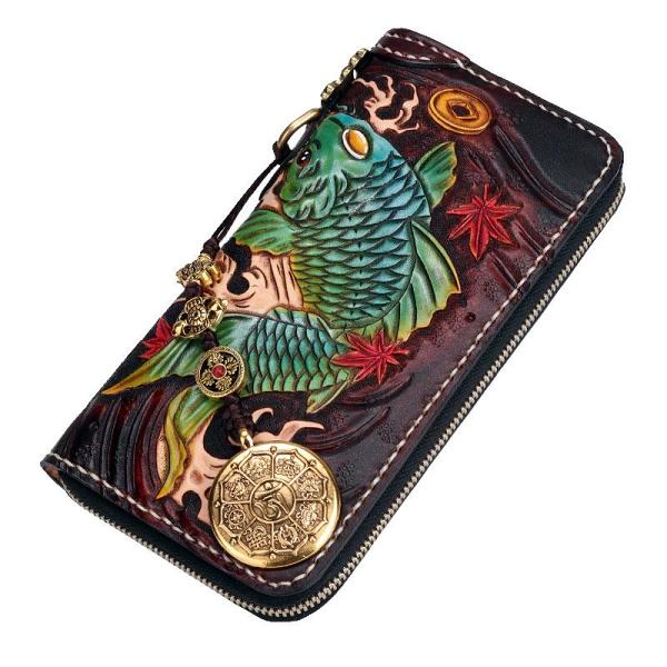 Handmade Leather Carp Mens Chain Biker Wallet Cool Leather Wallet Long Phone Wallets for Men