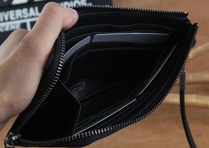 Genuine Leather Mens Clutch Cool Slim Wallet Zipper Clutch Wristlet Wallet for Men