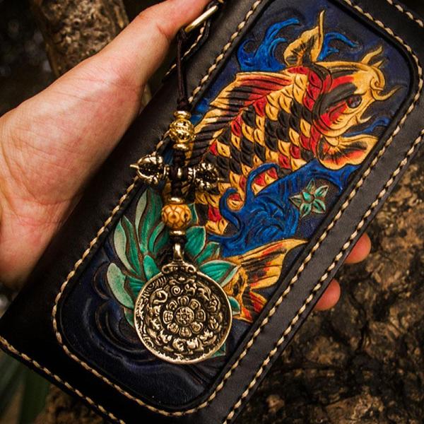 Handmade Leather Carp Mens Chain Biker Wallet Cool Leather Wallet Long Phone Wallets for Men