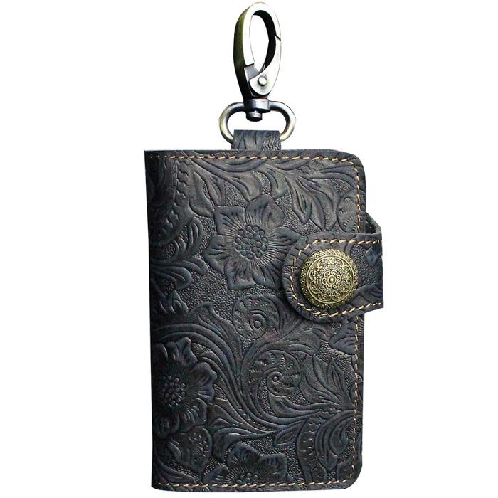 Handmade Leather Floral Mens Cool Key Wallet Wallet Card Holder Small Card Keychain Wallets for Men