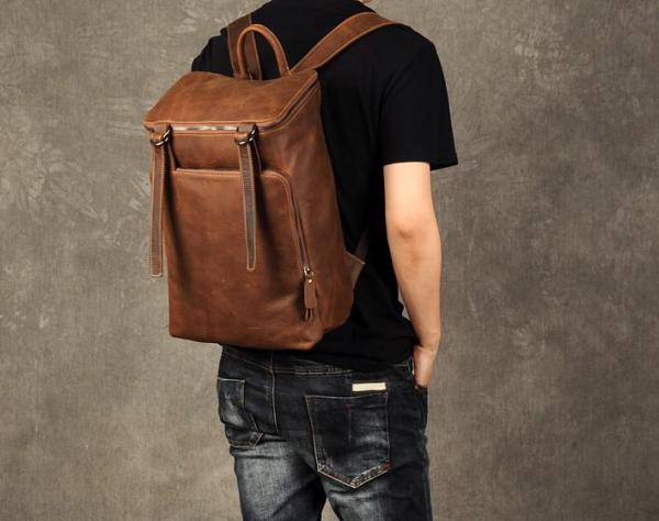 Genuine Leather Mens Cool Backpack Sling Bag Large Black Travel Bag Hiking Bag for men