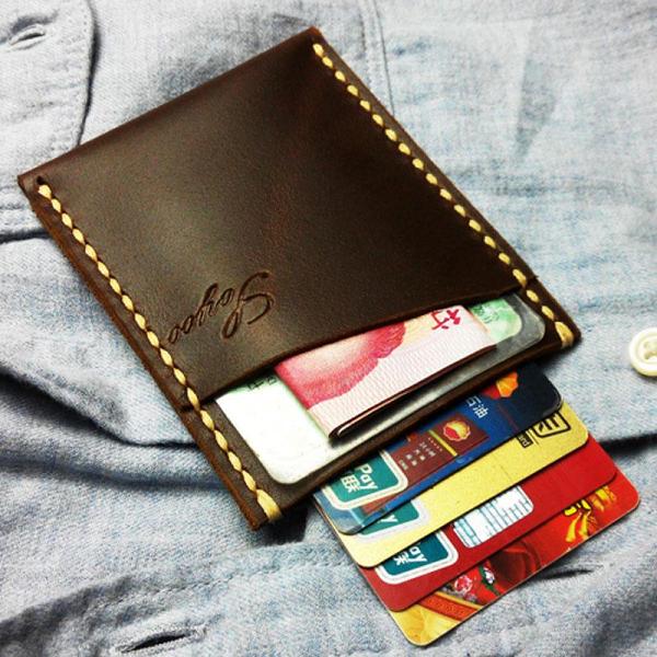 Leather Mens Slim Front Pocket Wallets Dark Brown Leather Cards Wallet for Men