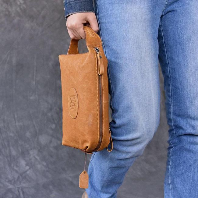 Black Leather Mens 8 HandBag Zipper Brown Clutch Bag Storage Bag For Men