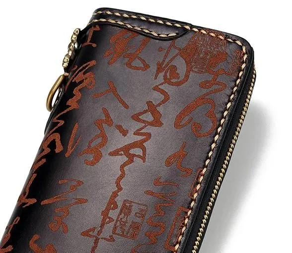 Handmade Leather Mens Chain Chinese Handwriting Biker Wallet Cool Leather Wallet Long Phone Wallets for Men