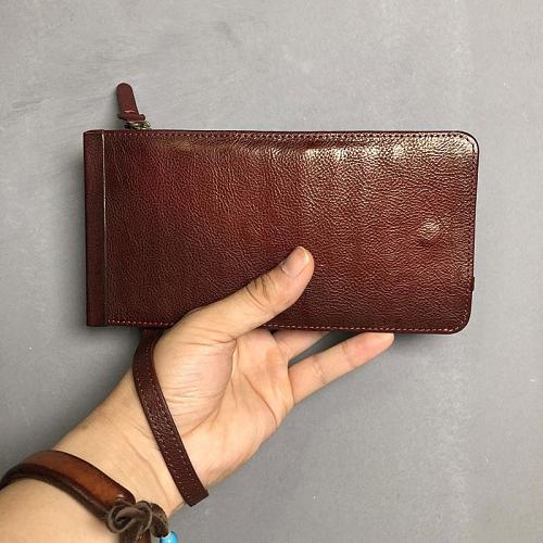 Genuine Leather Mens Cool Long Leather Wallet Cards Phone Zipper Clutch Wristlet Wallet for Men
