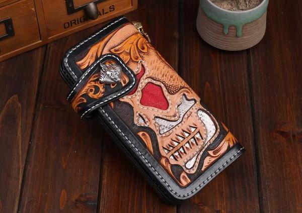 Handmade Leather Skull Mens Chain Biker Wallet Cool Leather Wallet Long Tooled Wallets for Men