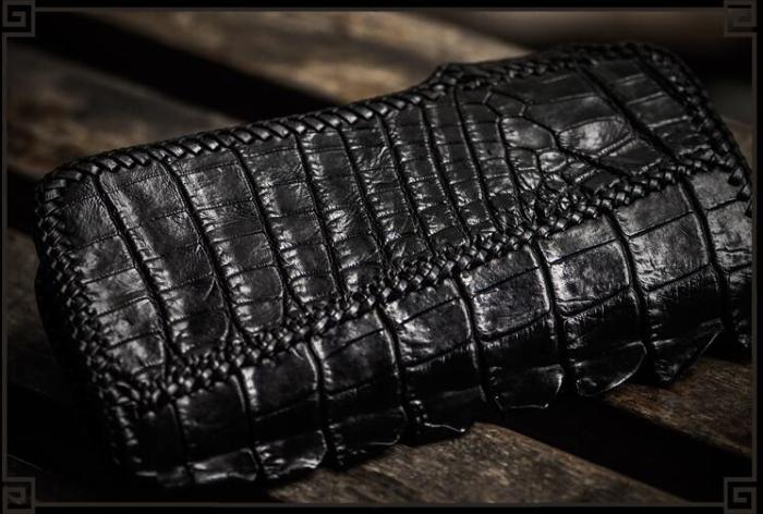 Handmade Leather Black Mens Chain Biker Wallet Cool Leather Wallet Long Clutch Wallets for Men