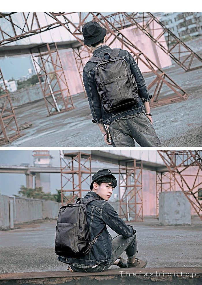 Black Cool Leather Mens School Backpack College Backpack 15 Black Computer Backpack For Men