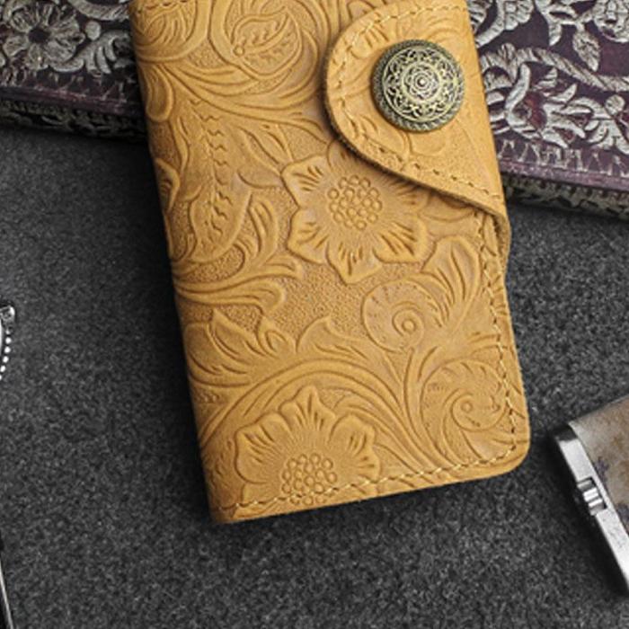 Handmade Leather Floral Mens Cool Key Wallet Wallet Card Holder Small Card Keychain Wallets for Men