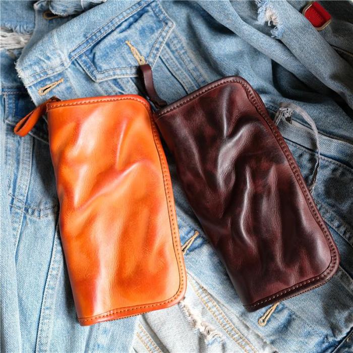 Vintage Brown Leather Men's Long Wallet Black Clutch Wallet Zipper Long Wallet For Men