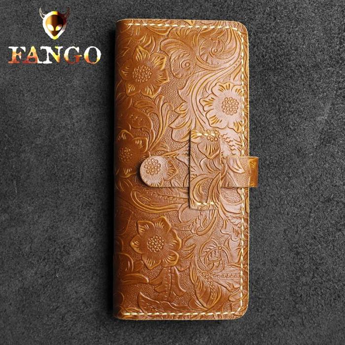Handmade Leather Floral Mens Cool Travel Long Wallet Card Holder Card Slim Clutch Wallets for Men
