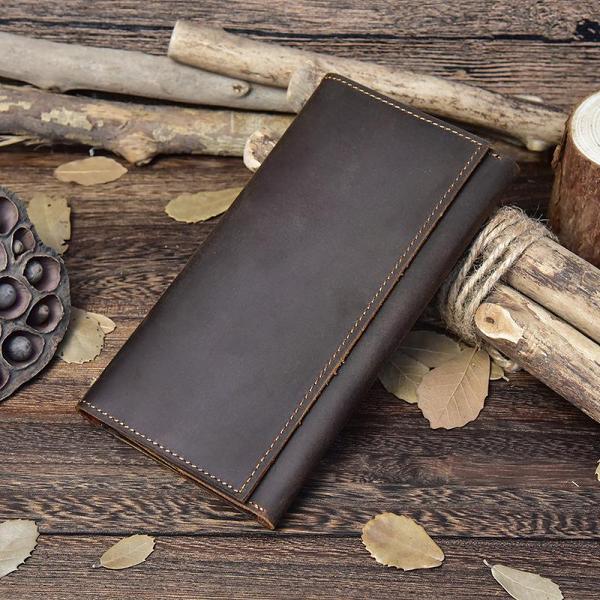 Vintage Leather Mens Long Wallet Bifold Coffee Long Wallet for Men