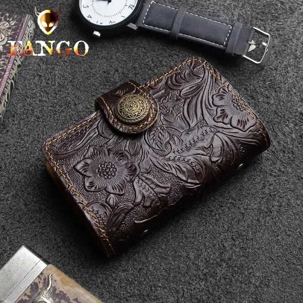 Handmade Leather Floral Mens Cool Short Wallet Card Holder Small Card Slim Wallets for Men