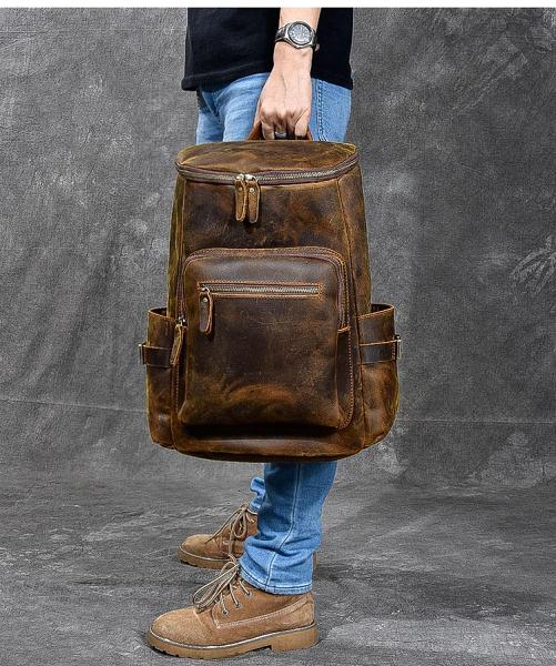 Brown Leather Mens 14 Laptop Large Backpack Hiking Backpack Travel Backpack College Bag for Men