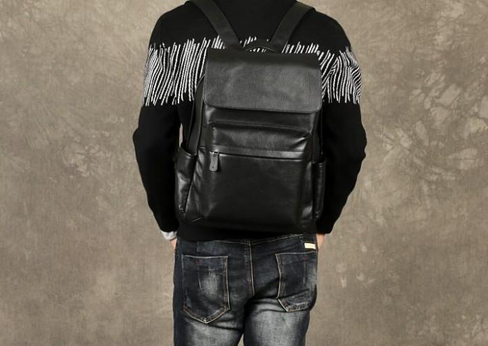 Genuine Leather Mens Cool Backpack Sling Bag Large Black Travel Bag Hiking Bag for men