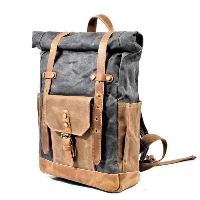 Cool Canvas Leather Mens Green Large Waterproof Travel Backpack Computer Hiking Backpack for Men