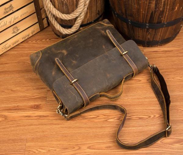 Vintage Dark Brown Leather 15 inches Briefcase Messenger Bags Work Side Bags for Men