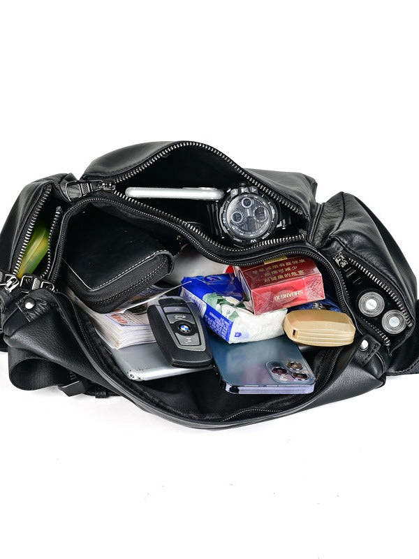 Large Black Leather Fanny Pack Men's Black Chest Bag Hip Bag Large Capacity Waist Bag For Men