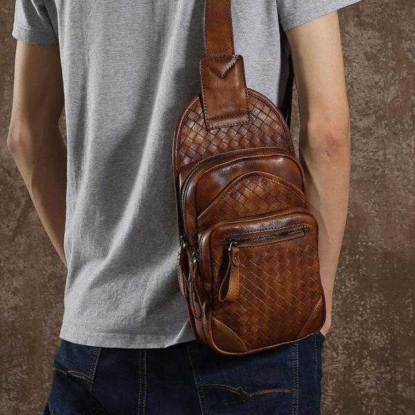 Braided Leather Sling Bag Mens Cool Chest Bag Crossbody Backpack One Strap Backpack for Men
