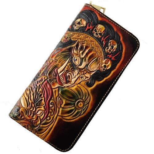 Handmade Leather Mahākāla Tooled Mens Long Wallet Cool Leather Wallet Clutch Wallet for Men