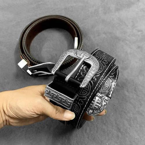 Vintage Chinese Coffee Leather Metal Belt Motorcycle Belt Black Leather Round Belt For Men