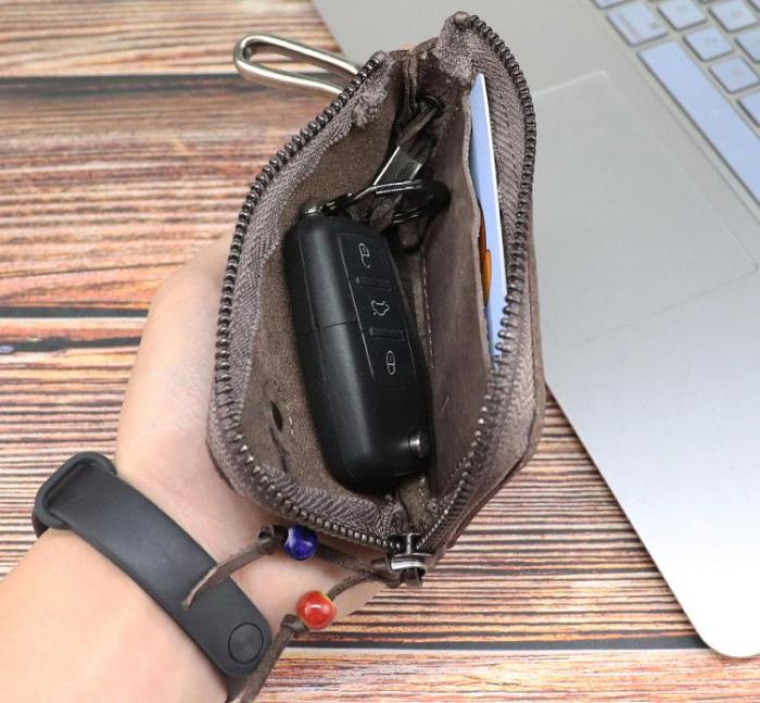 Vintage Mens Leather Key Wallet Zipper Key Holder Coin Wallet Change Pouch For Men