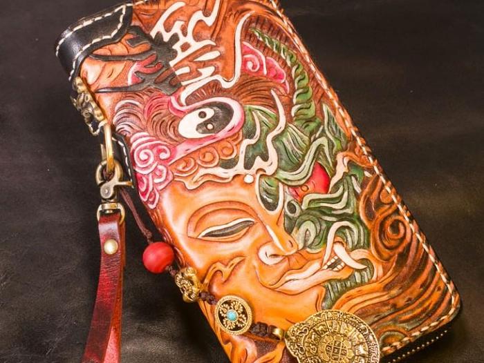 Handmade Leather Tooled Buddha Mens Chain Biker Wallet Cool Leather Wallet Long Phone Wallets for Men