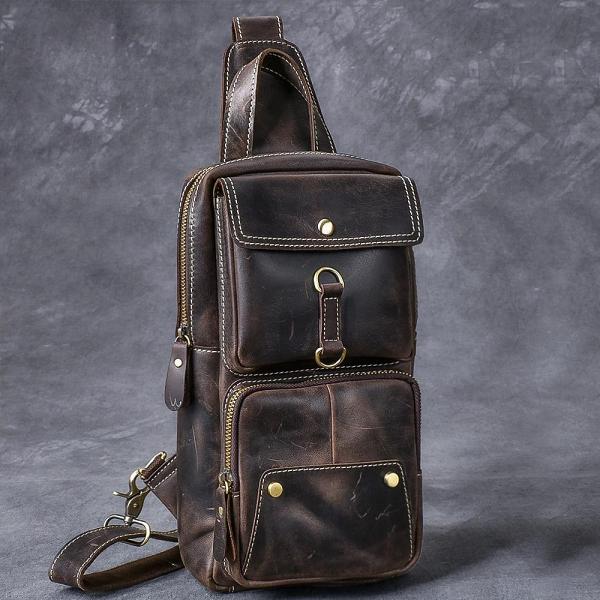 Cool Leather Mens 8 Brown Vintage Sling Bag Chest Bag One Shoulder Backpack for Men