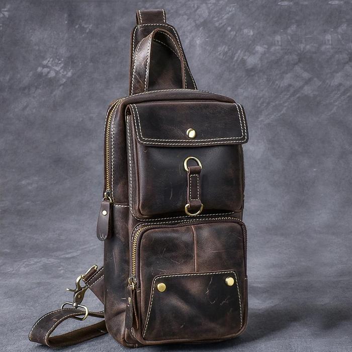 Cool Leather Mens 8 Brown Vintage Sling Bag Chest Bag One Shoulder Backpack for Men