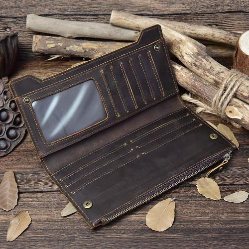 Handmade Leather Mens Cool Long Leather Wallet Passport Wallet Travel Wallet for Men