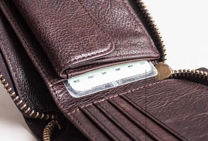Genuine Leather Mens Cool billfold Leather Wallet Men Small Zipper Wallets Bifold for Men