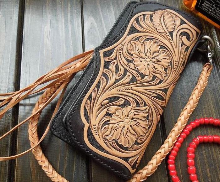Handmade Leather Biker Wallet Tooled Floral Mens Cool Chain Wallet Trucker Wallet with Chain