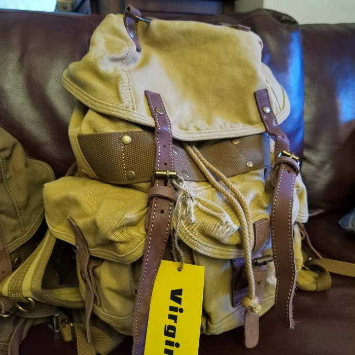 Khaki Mens Canvas Travel Backpack Canvas EDC Backpack Hiking Backpacks for Men