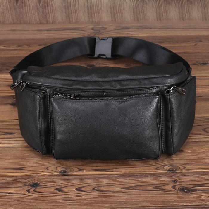Large Black Leather Fanny Pack Men's Black Chest Bag Hip Bag Large Capacity Waist Bag For Men