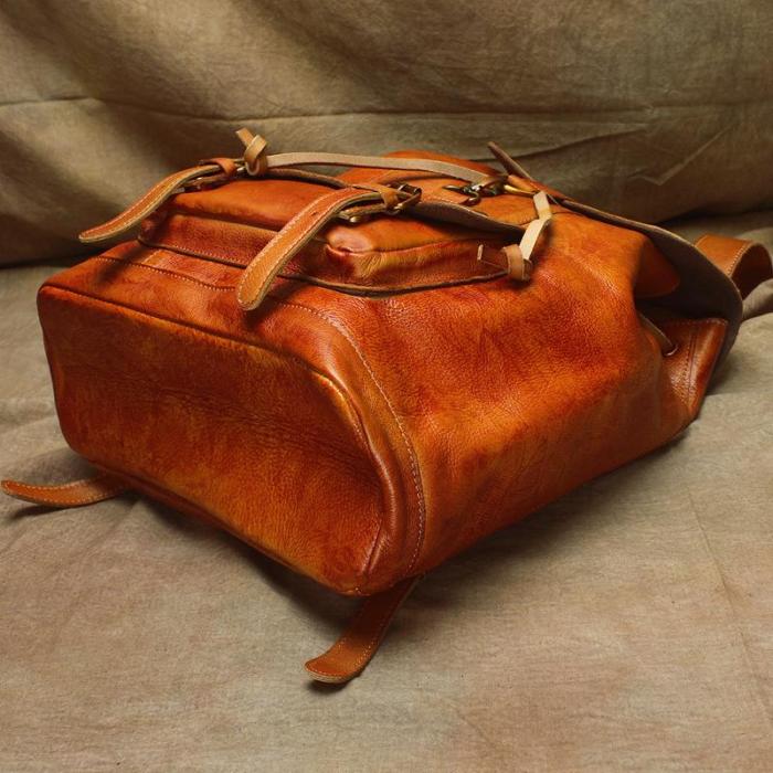Vintage Lambskin Brown Leather Men's 14'' Laptop Backpack Black Satchel Backpack For Men