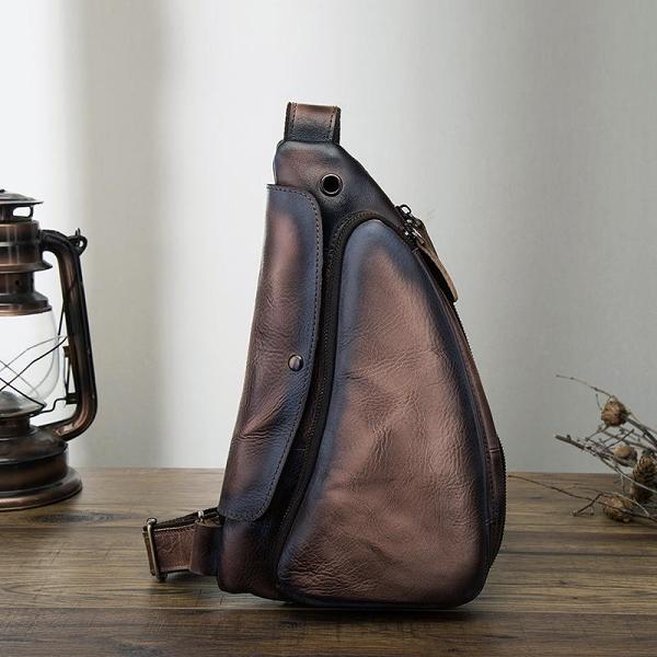 Cool Leather Mens One Shoulder Backpack Sling Bag Chest Bag Sling Backpack for men