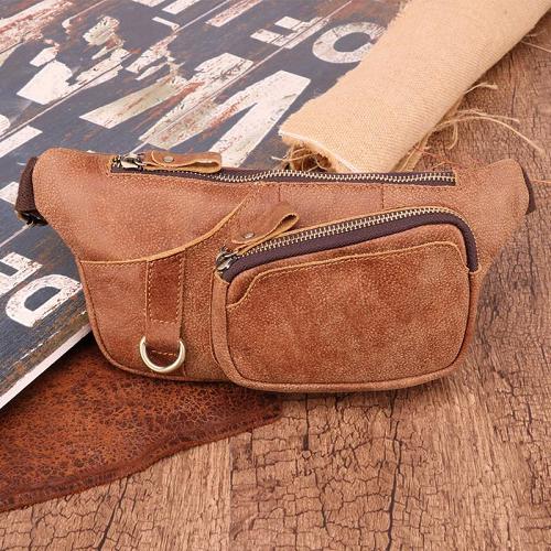 Small Leather Fanny Pack Men's Brown Chest Bag Leather Hip Bag Waist Bag For Men