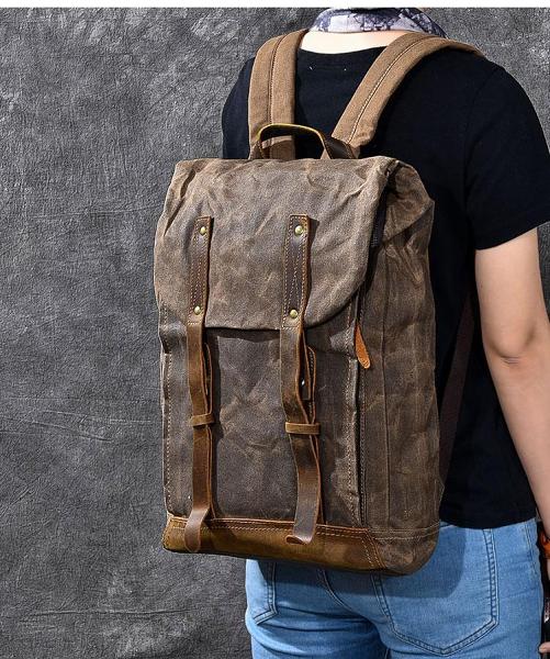 Waxed Canvas Leather Mens 15 Gray Computer Backpack Brown Travel Backpack College Backpack for Men