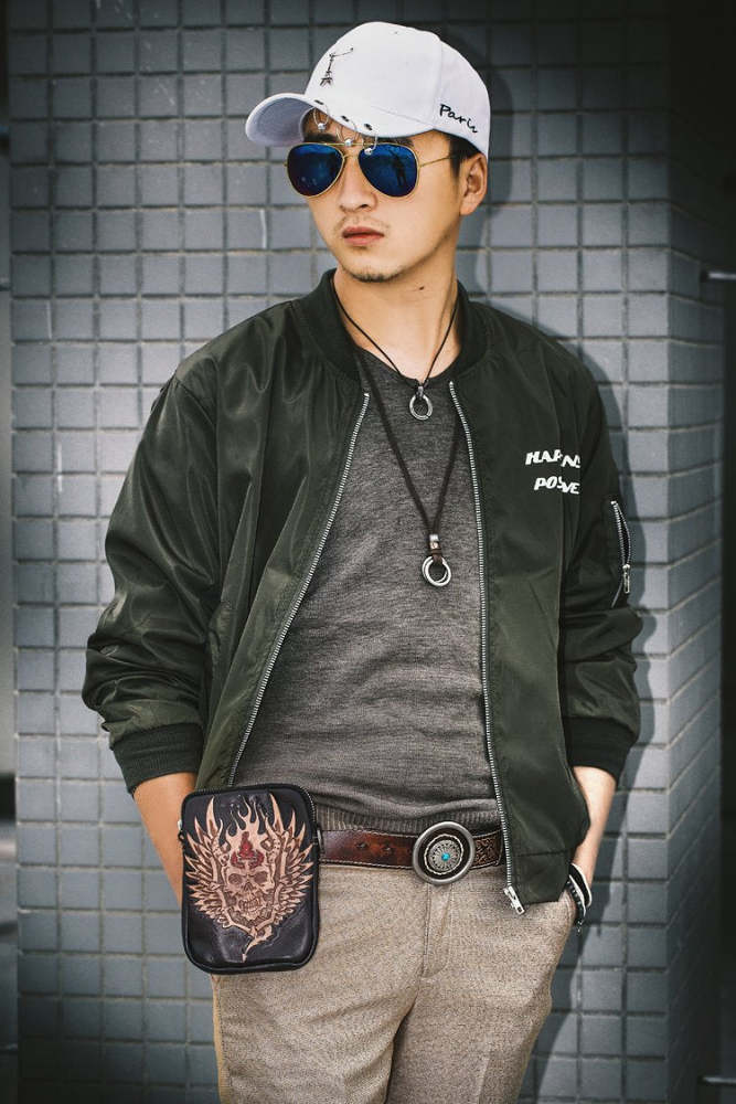 Cool Leather Mens Skull Biker Belt Pouch Waist Bag Side Bag Shoulder Bag for Men