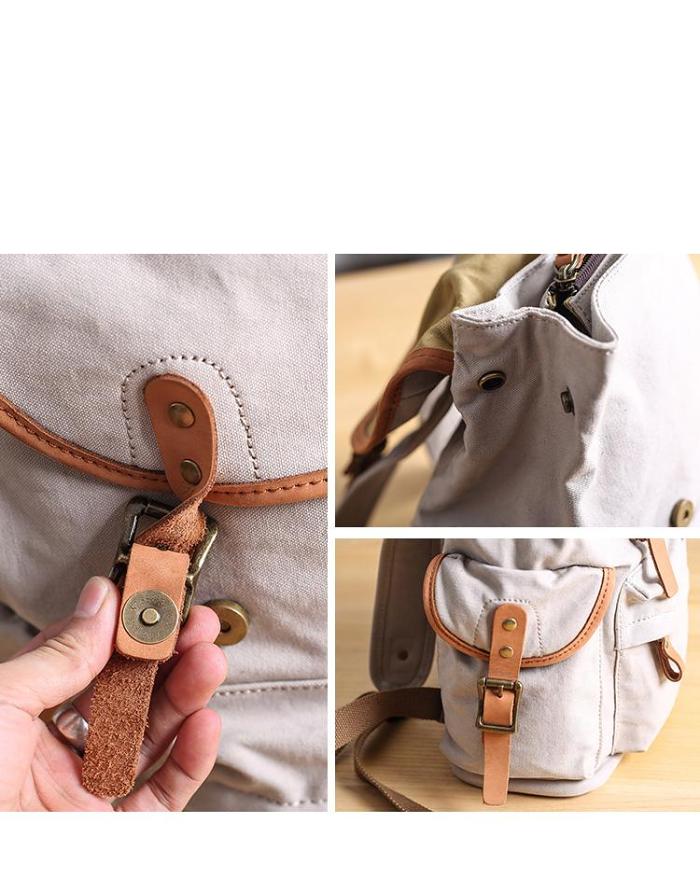 Cool Canvas Leather Mens Womens 13'' White Backpack Khaki Travel Backpack College Backpack  for Men