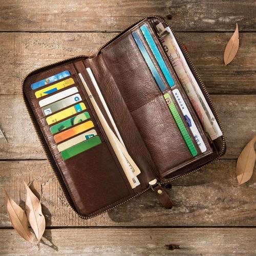 Cool Leather Mens Coffee Long Zipper Clutch Wallet Long Wallet for Men