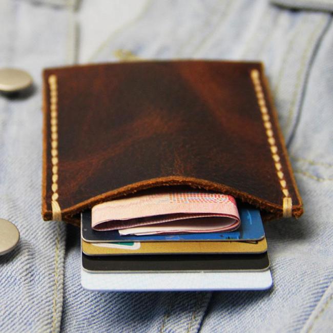 Leather Mens Slim Front Pocket Wallets Coffee Leather Cards Wallet for Men